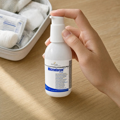 Flaconul de Microdacyn Hidrogel 120 g ținut în mână, deasupra unei truse de prim ajutor