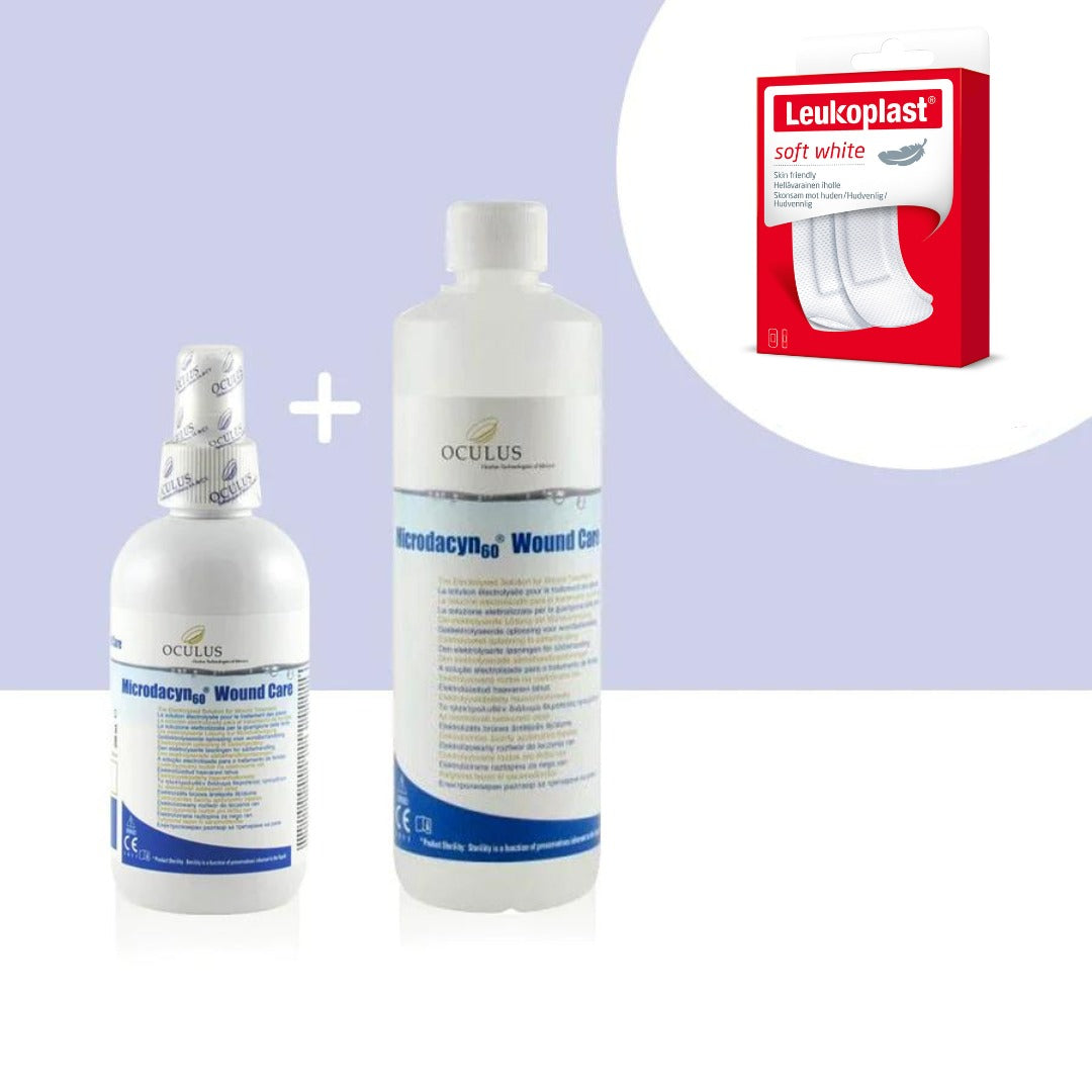 Set Microdacyn Wound Care 250 ml și rezervă 500 ml, cu plasturi Leukoplast cadou